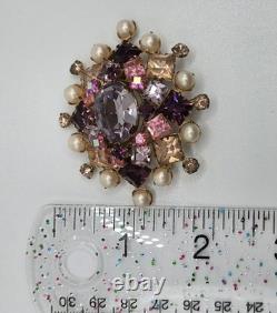 Vintage Signed SCHREINER New York Multi Tiered Rhinestone Pearl Brooch Pendant
