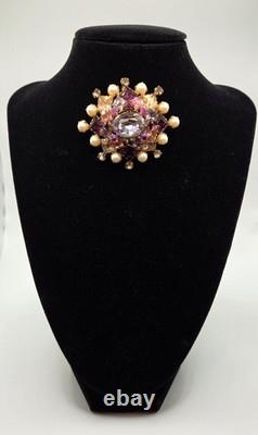 Vintage Signed SCHREINER New York Multi Tiered Rhinestone Pearl Brooch Pendant