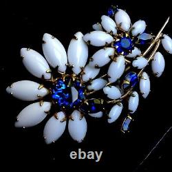 Vintage Signed SCHREINER Sapphire Blue and Milk Glass Flower Brooch