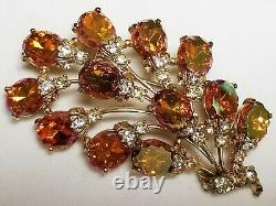 Vintage Signed Schiaparelli Orange Iridescent Carnival Glass Rhinestone Brooch