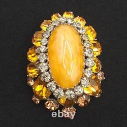 Vintage Signed Schreiner NY Brooch Dome Marbled Glass Cabochon Rhinestone Orange