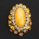 Vintage Signed Schreiner NY Brooch Dome Marbled Glass Cabochon Rhinestone Orange