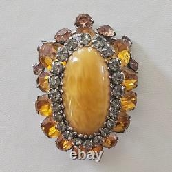 Vintage Signed Schreiner NY Brooch Dome Marbled Glass Cabochon Rhinestone Orange