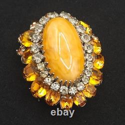 Vintage Signed Schreiner NY Brooch Dome Marbled Glass Cabochon Rhinestone Orange