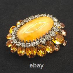 Vintage Signed Schreiner NY Brooch Dome Marbled Glass Cabochon Rhinestone Orange