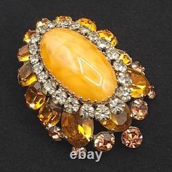 Vintage Signed Schreiner NY Brooch Dome Marbled Glass Cabochon Rhinestone Orange