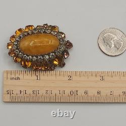 Vintage Signed Schreiner NY Brooch Dome Marbled Glass Cabochon Rhinestone Orange
