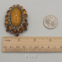 Vintage Signed Schreiner NY Brooch Dome Marbled Glass Cabochon Rhinestone Orange
