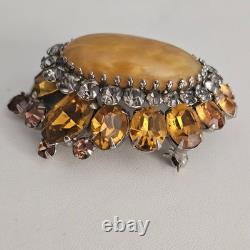 Vintage Signed Schreiner NY Brooch Dome Marbled Glass Cabochon Rhinestone Orange
