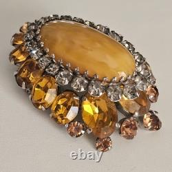 Vintage Signed Schreiner NY Brooch Dome Marbled Glass Cabochon Rhinestone Orange