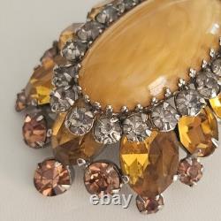 Vintage Signed Schreiner NY Brooch Dome Marbled Glass Cabochon Rhinestone Orange