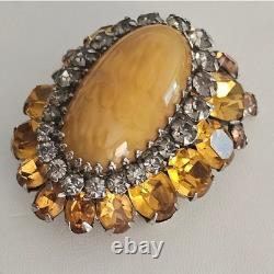 Vintage Signed Schreiner NY Brooch Dome Marbled Glass Cabochon Rhinestone Orange