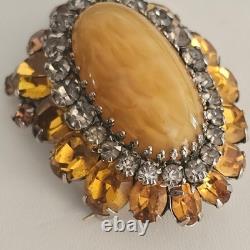 Vintage Signed Schreiner NY Brooch Dome Marbled Glass Cabochon Rhinestone Orange