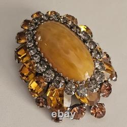 Vintage Signed Schreiner NY Brooch Dome Marbled Glass Cabochon Rhinestone Orange