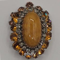Vintage Signed Schreiner NY Brooch Dome Marbled Glass Cabochon Rhinestone Orange