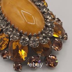 Vintage Signed Schreiner NY Brooch Dome Marbled Glass Cabochon Rhinestone Orange