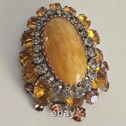 Vintage Signed Schreiner NY Brooch Dome Marbled Glass Cabochon Rhinestone Orange