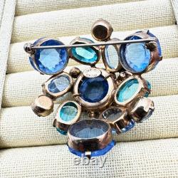 Vintage Signed Schreiner New York Brooch Pin Blue Reverse Set Glass Rhinestone