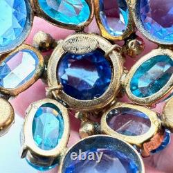 Vintage Signed Schreiner New York Brooch Pin Blue Reverse Set Glass Rhinestone