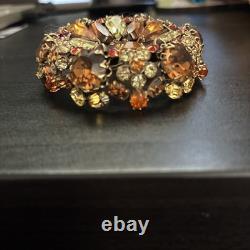 Vintage Signed Schreiner New York High Dome Rhinestone & Cabochon Brooch