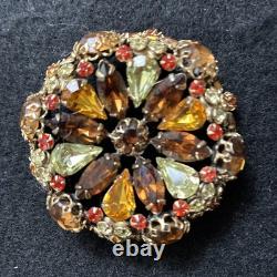 Vintage Signed Schreiner New York High Dome Rhinestone & Cabochon Brooch