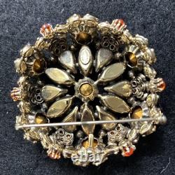 Vintage Signed Schreiner New York High Dome Rhinestone & Cabochon Brooch