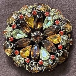 Vintage Signed Schreiner New York High Dome Rhinestone & Cabochon Brooch