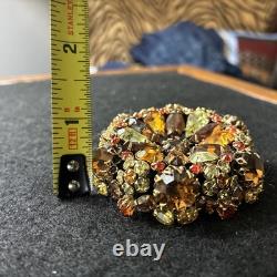 Vintage Signed Schreiner New York High Dome Rhinestone & Cabochon Brooch