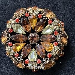 Vintage Signed Schreiner New York High Dome Rhinestone & Cabochon Brooch