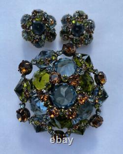 Vintage Signed Schreiner New York Rhinestone Pin Brooch Earrings Set Stunning