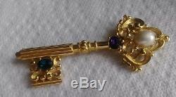 Vintage Signed TRIFARI Fancy Gold Tone Key Pin Brooch Faux Pearl & Rhinestones