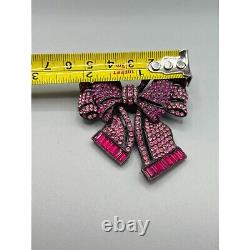 Vintage Signed Vendome Pink Rhinestones Ribbon Bow Brooch Japanned Metal