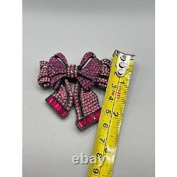 Vintage Signed Vendome Pink Rhinestones Ribbon Bow Brooch Japanned Metal