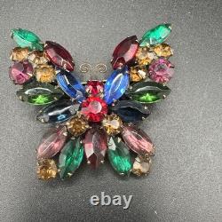 Vintage Signed Weiss Multicolored Rhinestone Butterfly Brooch