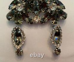 Vintage Signed Weiss Smoky Gray & Crystal Rhinestone Dangling Layered Brooch