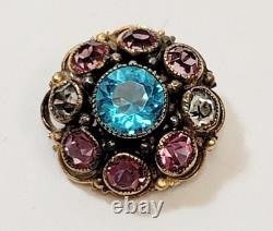 Vintage Small Hobe Filigree Blue Pink Clear Rhinestone Brooch 1940's