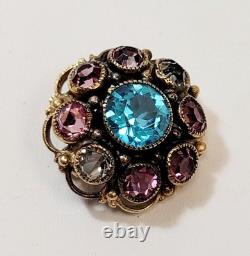 Vintage Small Hobe Filigree Blue Pink Clear Rhinestone Brooch 1940's