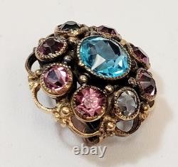 Vintage Small Hobe Filigree Blue Pink Clear Rhinestone Brooch 1940's