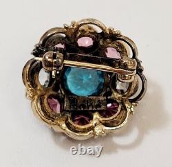 Vintage Small Hobe Filigree Blue Pink Clear Rhinestone Brooch 1940's
