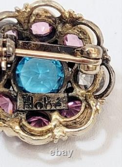 Vintage Small Hobe Filigree Blue Pink Clear Rhinestone Brooch 1940's