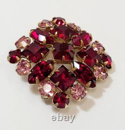 Vintage Small Schreiner Brooch Red Pink Rhinestone