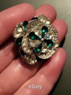 Vintage Small Stacked Layered Green & Clear Heavy Rhinestone Crystal Brooch Pin