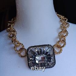 Vintage Smokey Gray Rhinestone Necklace- Brooch Heavy Twist Gold Plated Chain