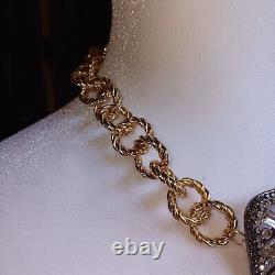 Vintage Smokey Gray Rhinestone Necklace- Brooch Heavy Twist Gold Plated Chain