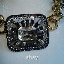 Vintage Smokey Gray Rhinestone Necklace- Brooch Heavy Twist Gold Plated Chain