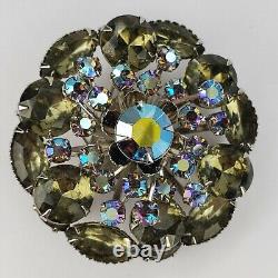 Vintage Smoky Green Grey Faceted Rhinestone Pin Brooch