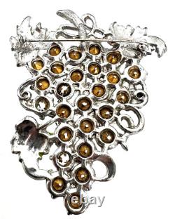 Vintage Staret Clear Rhinestone Metal Enameled Grape Cluster Brooch