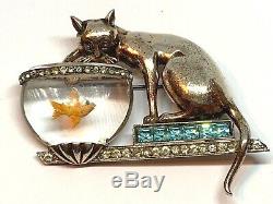 Vintage Sterling Aquilino Cat Fishing Jelly Belly Goldfish Bowl Brooch 1940's