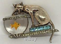 Vintage Sterling Aquilino Cat Fishing Jelly Belly Goldfish Bowl Brooch 1940's