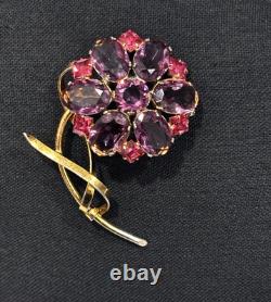 Vintage Sterling Flower Brooch Purple Pink Glass Rhinestone Floral Pin WOW
